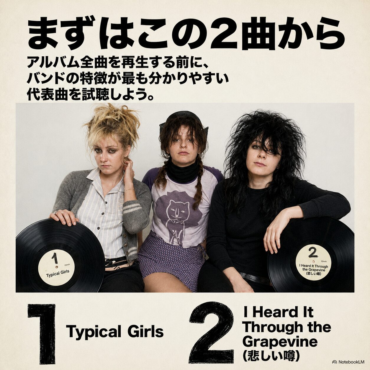 ポストパンクバンドの女性メンバー3人がレコードを持って座る写真。「まずはこの2曲から」というタイトルと、おすすめ曲「Typical Girls」「I Heard It Through the Grapevine（悲しい噂）」を紹介する音楽案内画像。