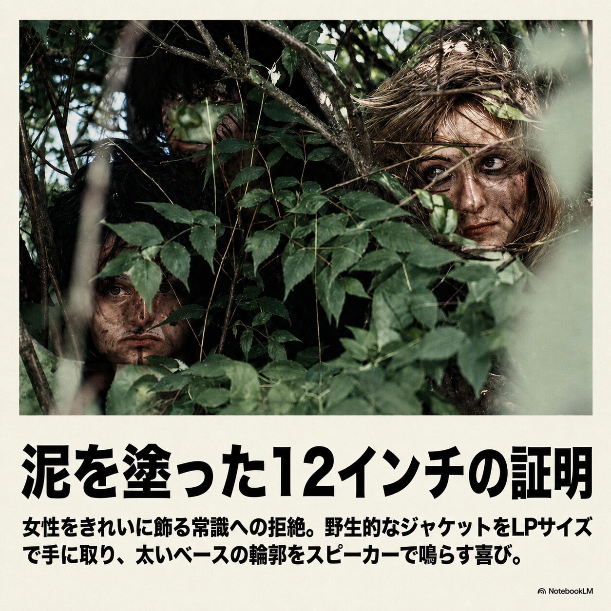 泥で顔を汚した2人の人物が緑の茂みの中から顔をのぞかせるアナログレコードのジャケット。「泥を塗った12インチの証明」のタイトルと、女性をきれいに飾る常識への拒絶を表現したコピーが添えられている。