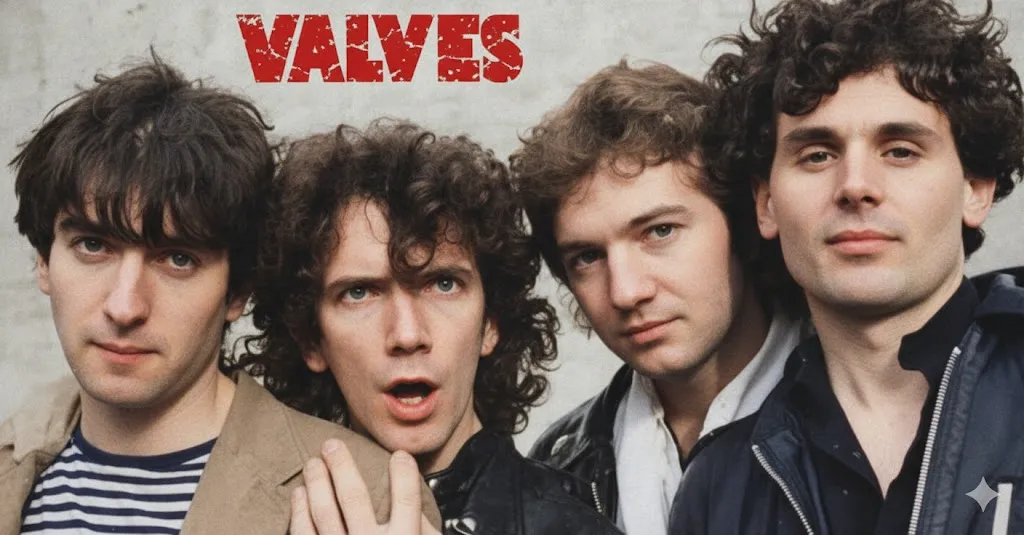 革ジャンやストライプのシャツを着たスコットランドのパンクバンド「The Valves」のメンバー4人が肩を寄せ合う1970年代後半のヴィンテージな雰囲気のバンド写真