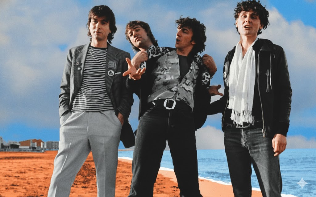 The Valvesのメンバー4人が砂浜に立ち、ボーカルが肩に腕を回している写真。背景は海と空で、左奥には街並みが見える。