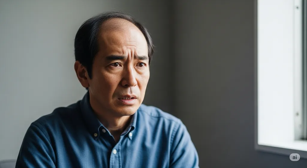 50代くらいの男性が、薄毛を気にしているかのように不安げな表情をしている。