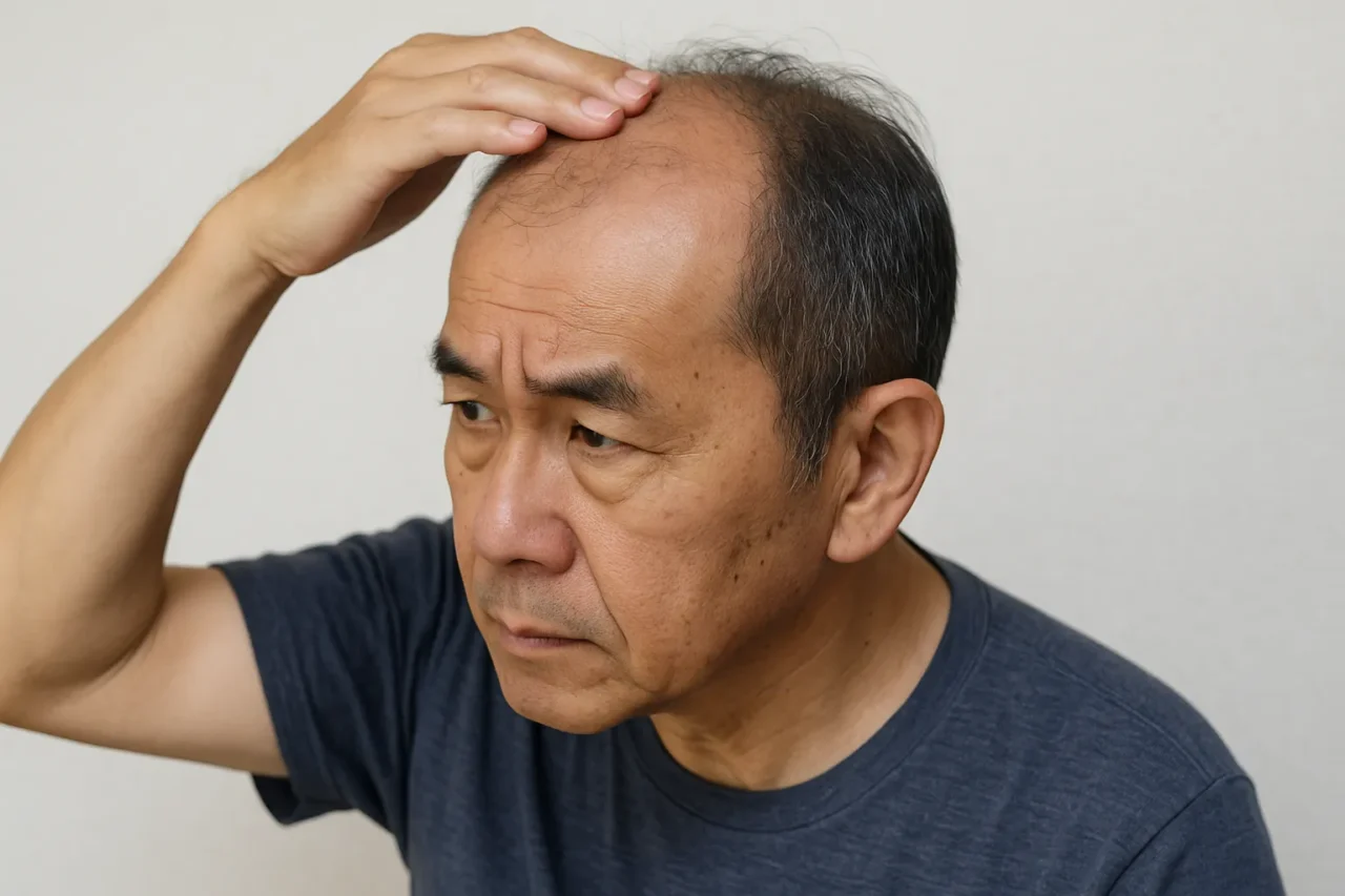 50代くらいの男性が、自身の薄毛を気にしながら頭を触っている。