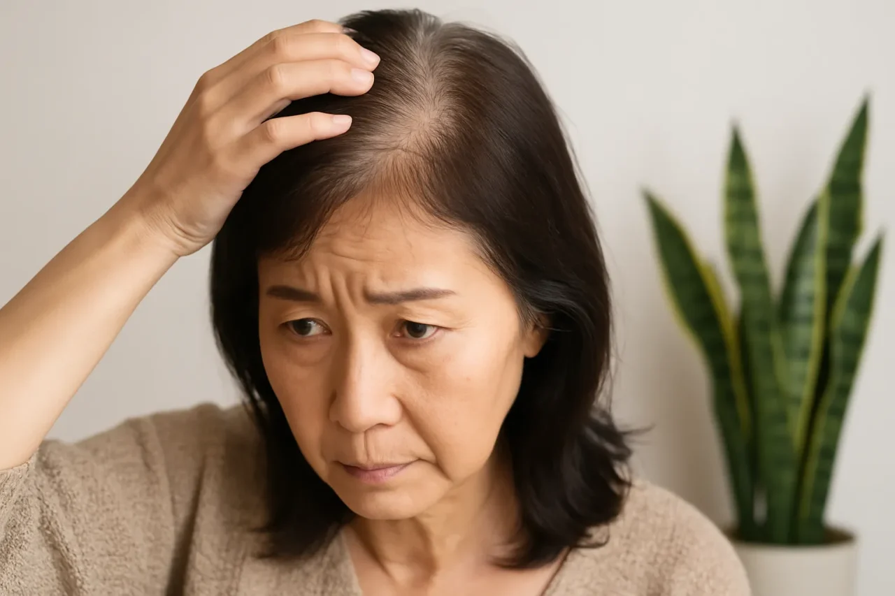 50代の女性が頭頂部の薄毛を気にしている様子。