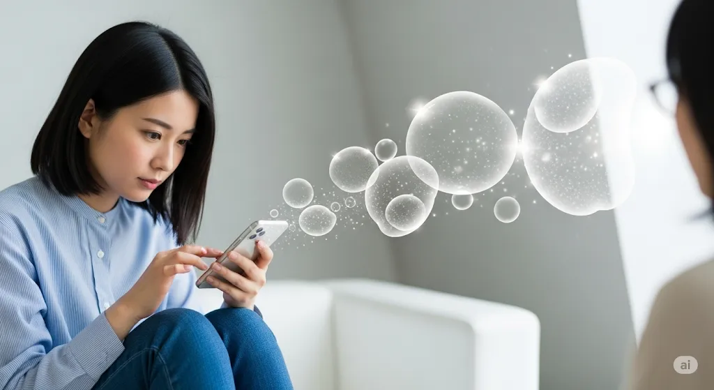 スマートフォンから思考の泡が浮かび上がる女性