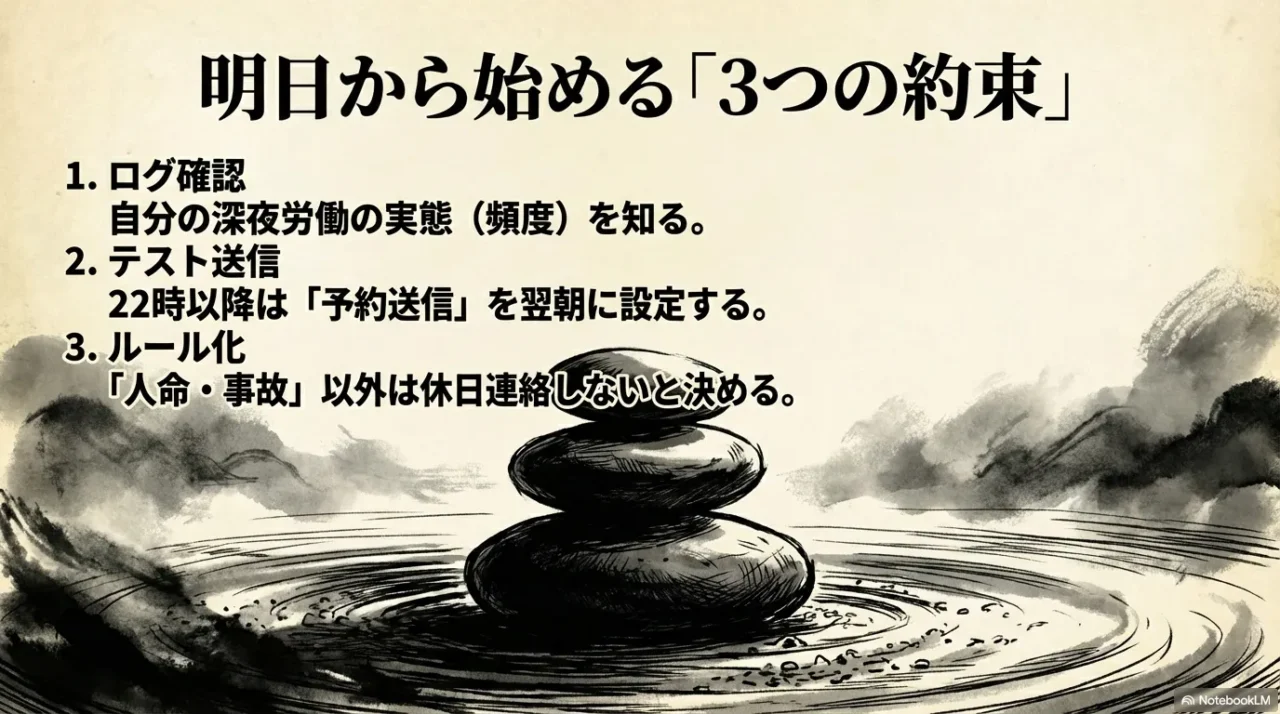 明日から始める3つの約束。1.ログ確認（頻度を知る）、2.テスト送信（予約送信設定）、3.ルール化（緊急以外の休日連絡禁止）のリスト。