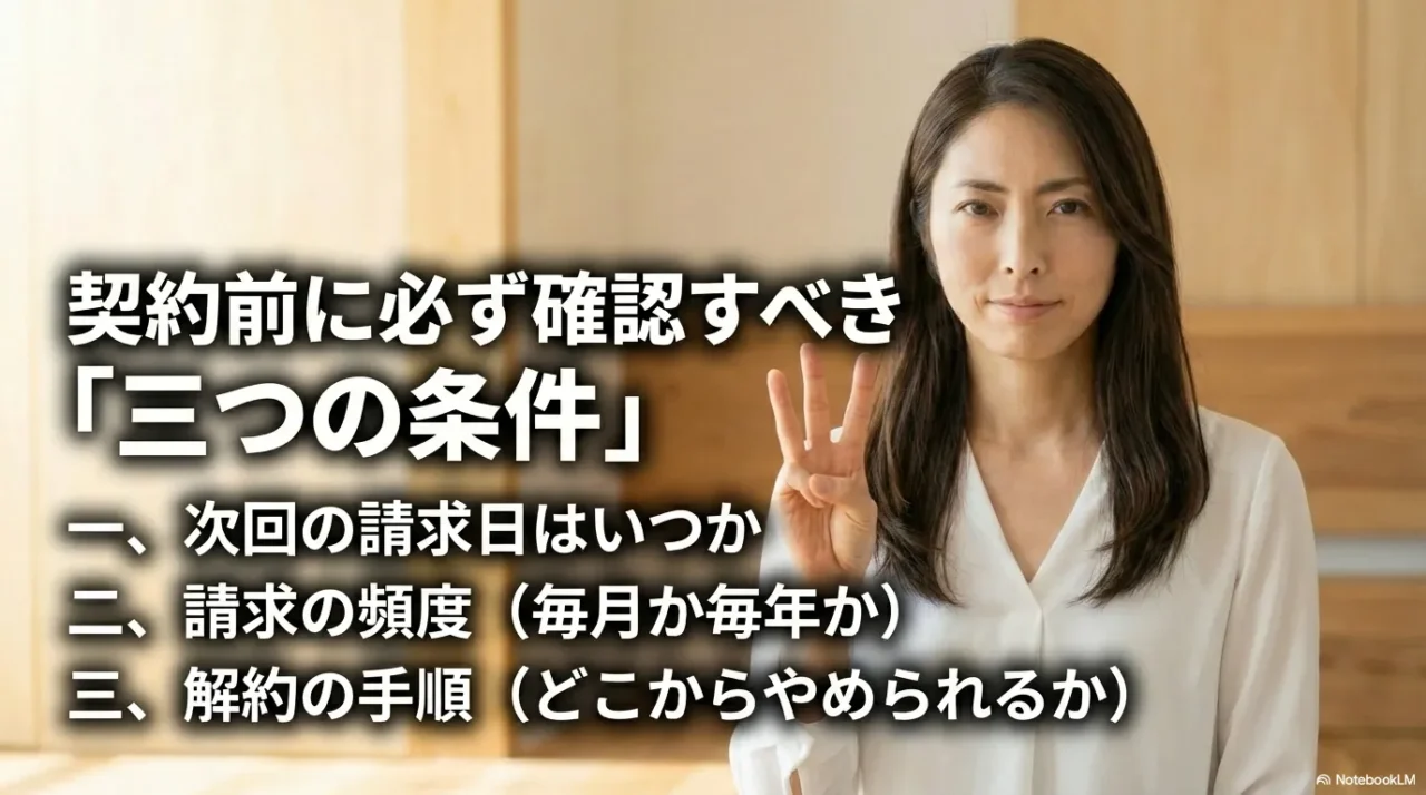 契約前に確認すべき三つの条件を示すイメージ