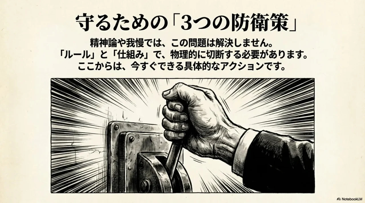 大きなレバーを引く手のイラスト。「精神論や我慢では解決しません。ルールと仕組みで物理的に切断する必要があります」という導入テキスト。