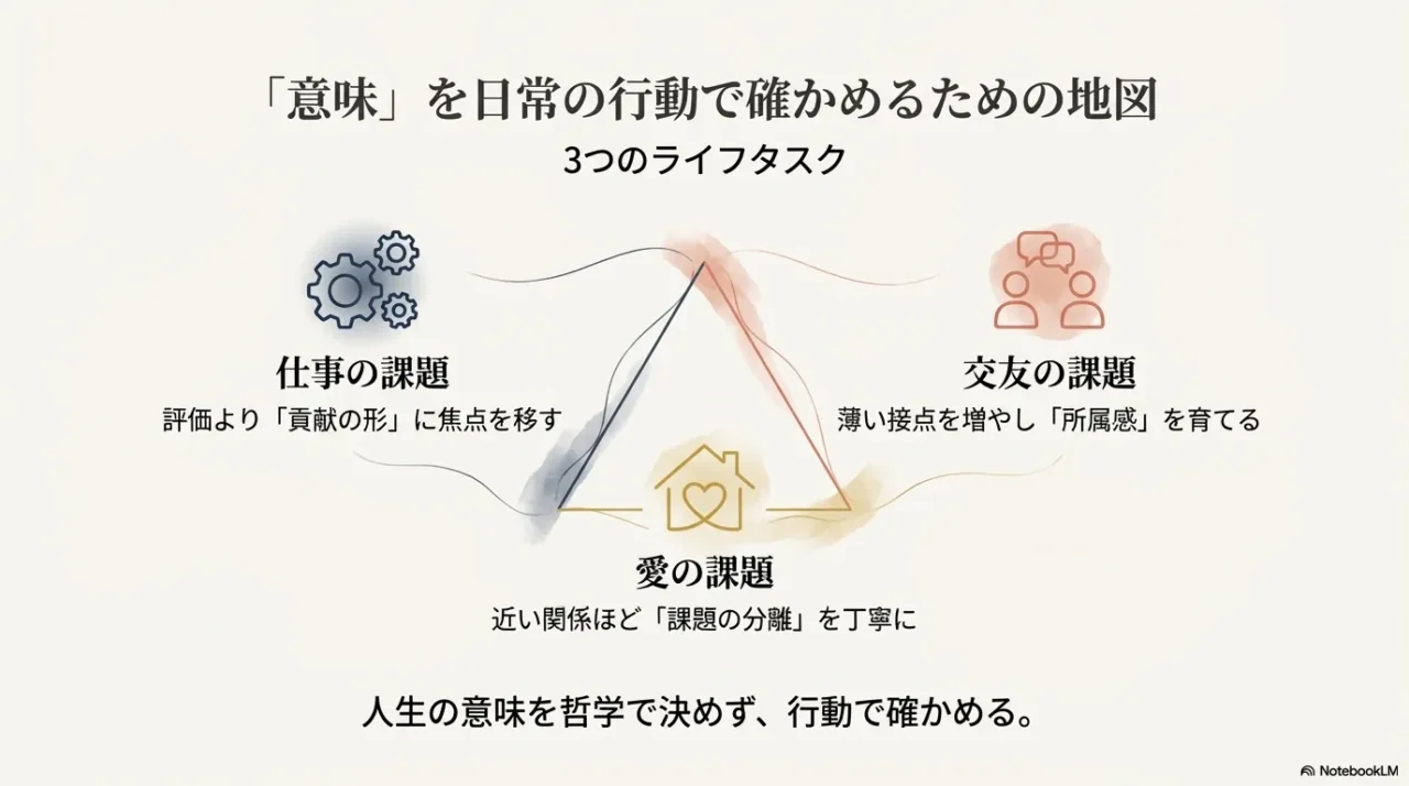 仕事、交友、愛の3つのライフタスクを行動で確かめるための地図