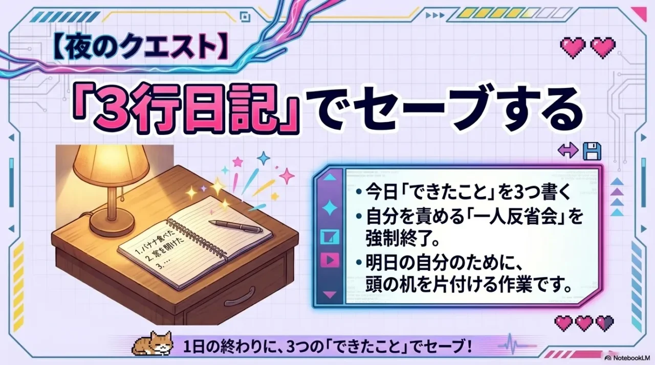 寝る前に良かったことを3つ書くスリーグッドの要点をまとめた画像