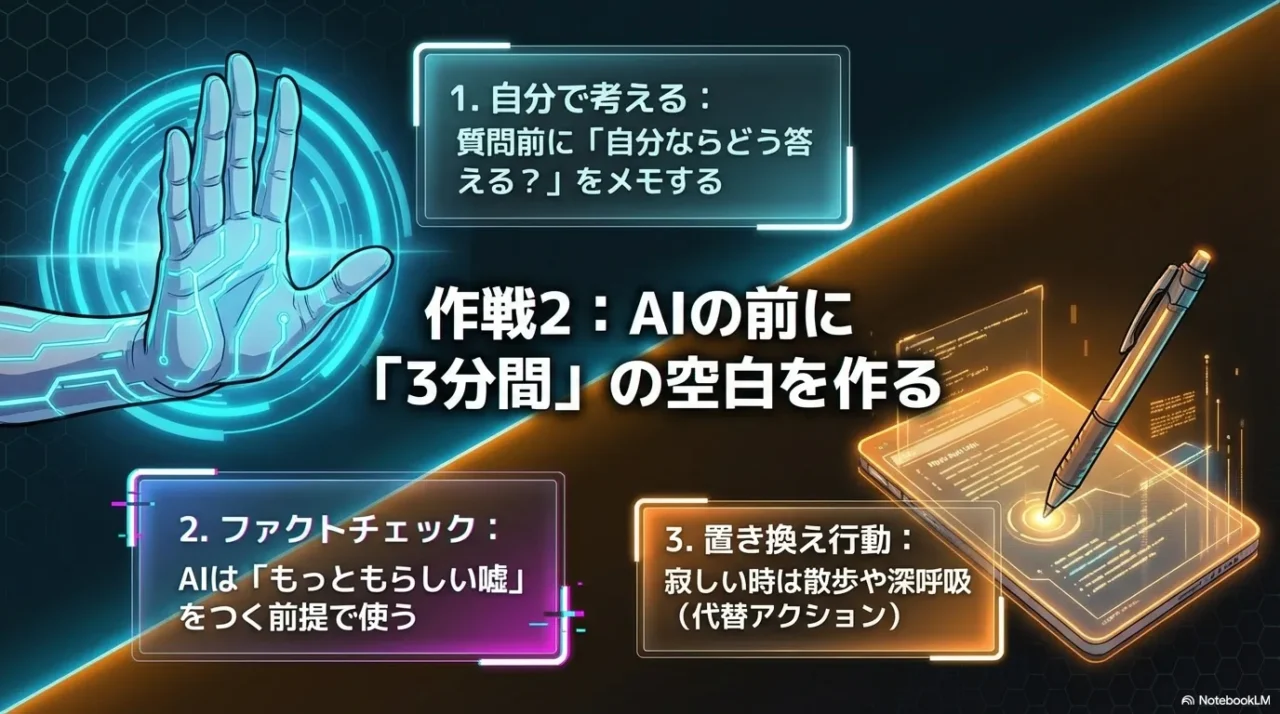 AIに質問する前に考える時間を作る思考回復ステップの図