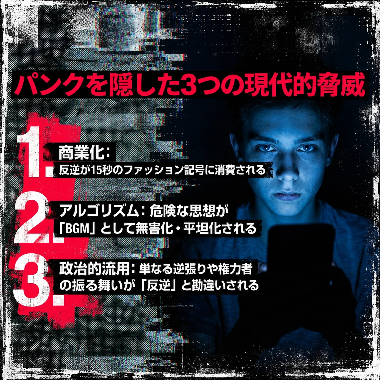 パンクを隠した3つの現代的脅威を解説するインフォグラフィック。1.商業化、2.アルゴリズムによる無害化、3.政治的流用。青い光に照らされスマホを見る若者の画像を背景に、赤と白の文字で表示。