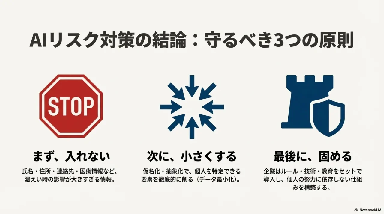 AIリスク対策の3原則（まず入れない／次に小さくする／最後に固める）を示すまとめスライド