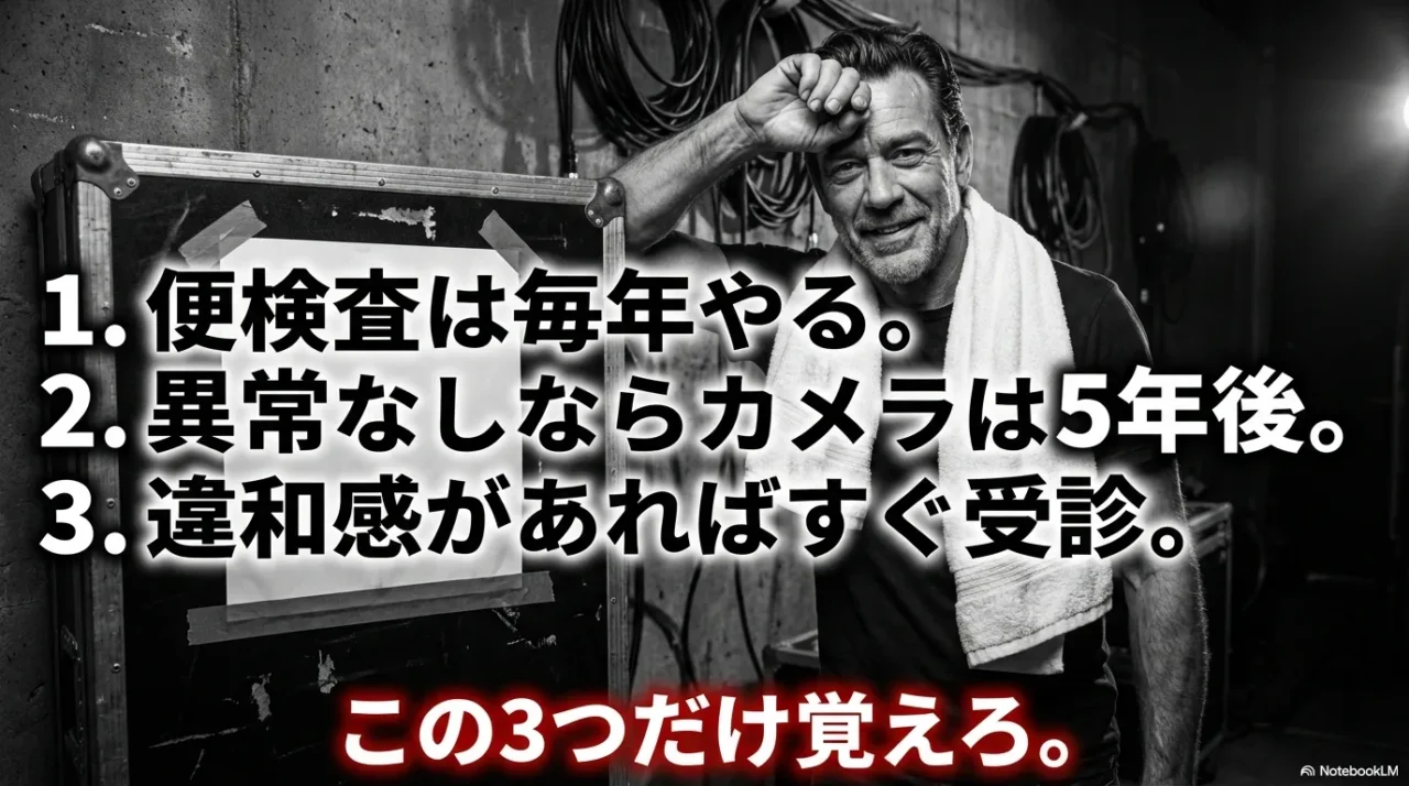 便潜血検査は毎年、異常なしなら大腸カメラは5年後、症状があればすぐ受診という3つの結論を整理