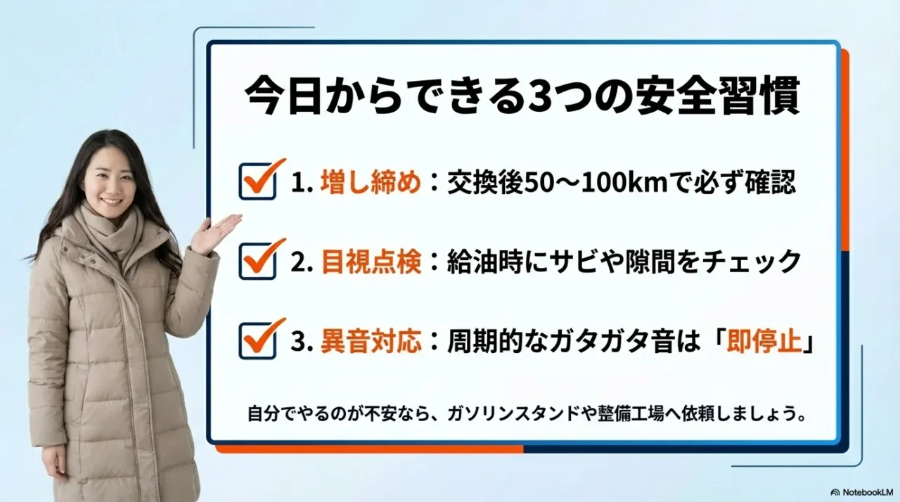 増し締め・目視点検・異音時の停止の3習慣を示す画像