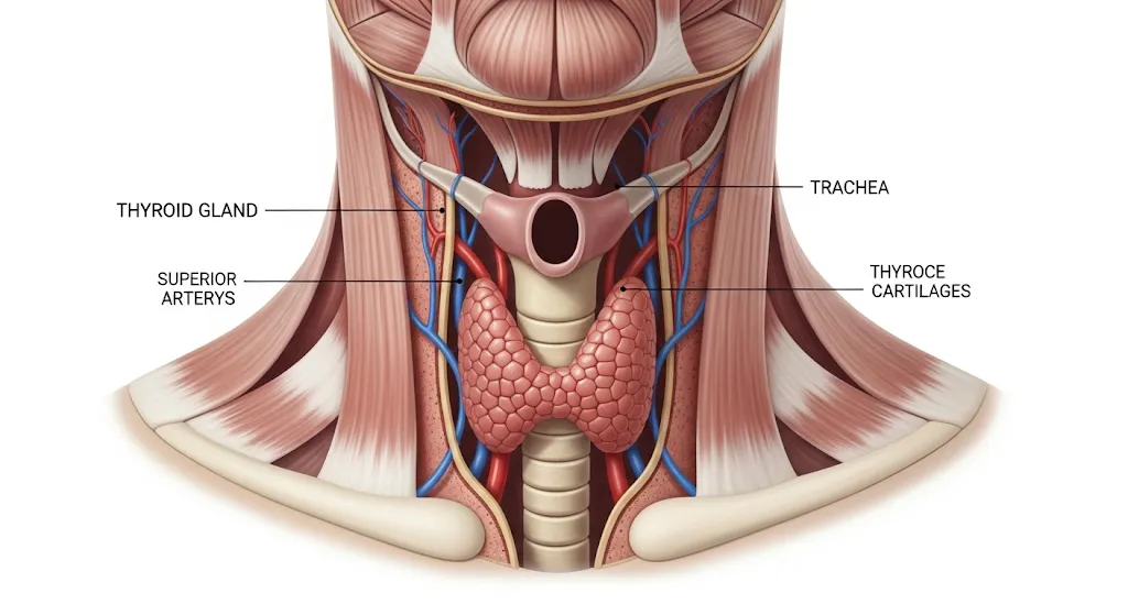 甲状腺の位置を明確に示す、首周りに焦点を当てた医療イラスト。