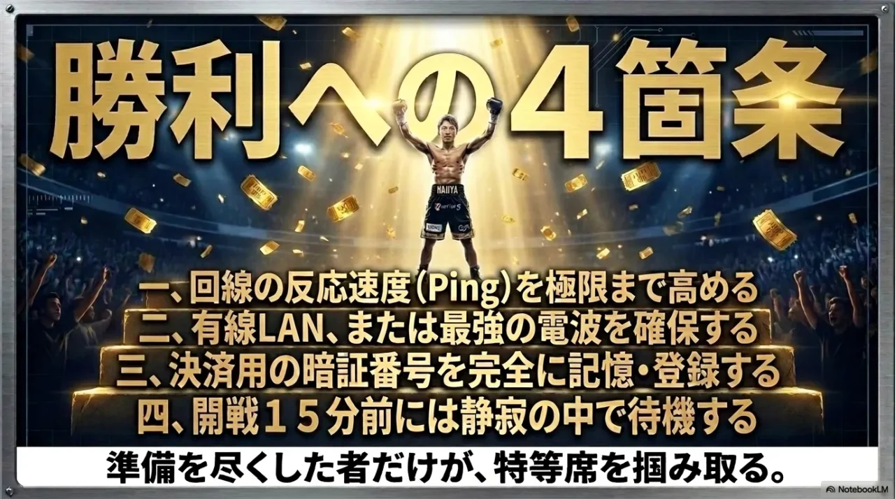 チケット争奪戦で勝率を上げるための低Ping、有線LAN、決済準備、販売前待機の4箇条をまとめた画像