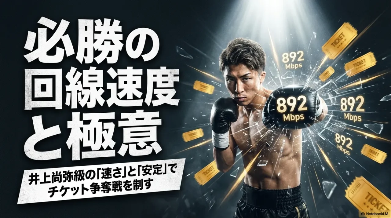 チケット争奪戦で勝率を上げるために必要な回線速度と安定性を、ボクサー風の人物とチケットで表現した画像