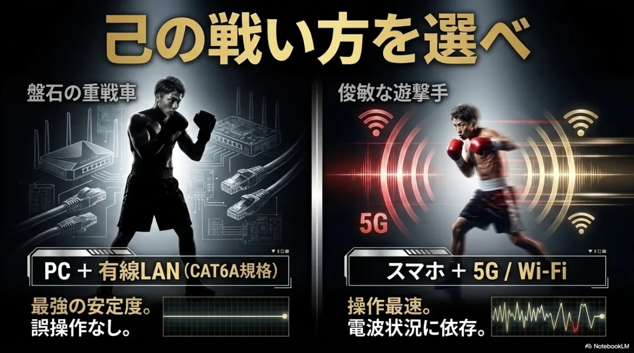 チケット争奪戦でPCと有線LAN、スマホと5GやWi-Fiのどちらを選ぶべきか比較した画像