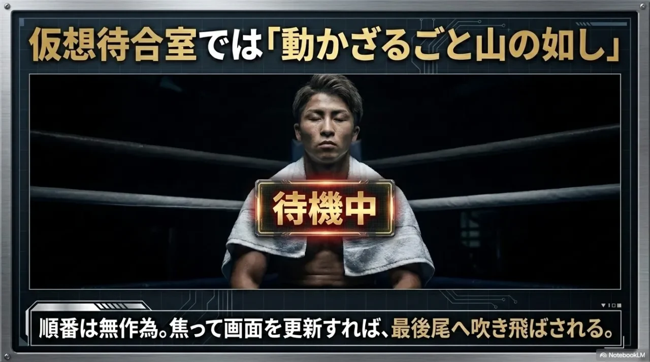 チケット販売の仮想待合室では画面を更新せず静かに待つことが重要であると示した画像