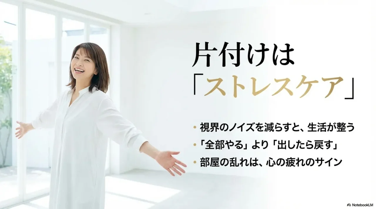 視界のノイズを減らす片付けの効果。「全部やる」ではなく「出したら戻す」を徹底するコツ。
