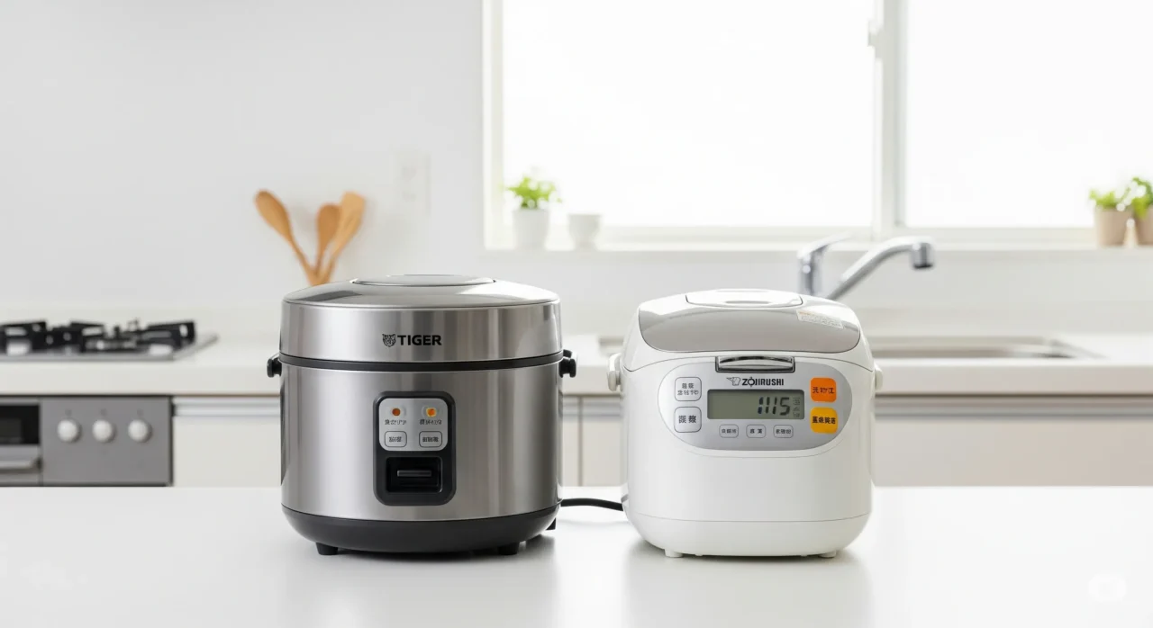タイガーと象印の炊飯器が並んでおり、それぞれのメーカーの特徴を比較している様子。