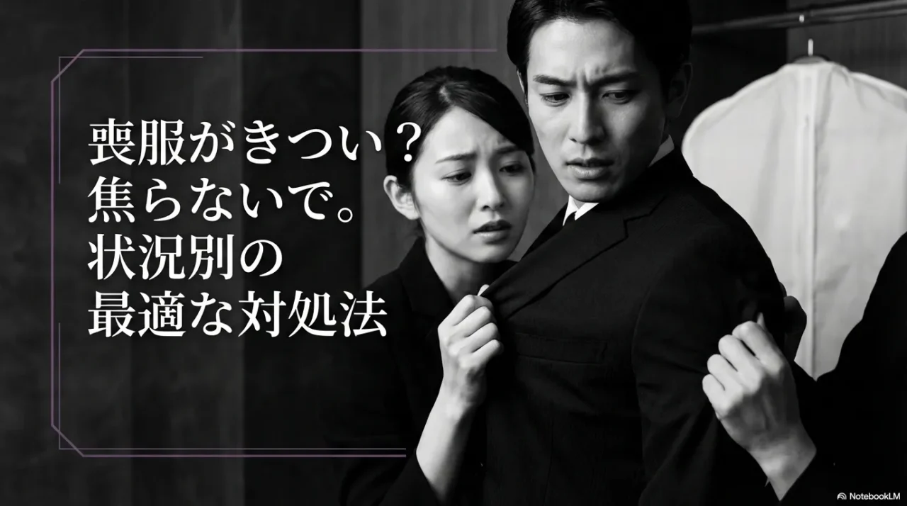 喪服がきつくて困っている男女が、急な弔事に向けた対処法を考えているイメージ画像