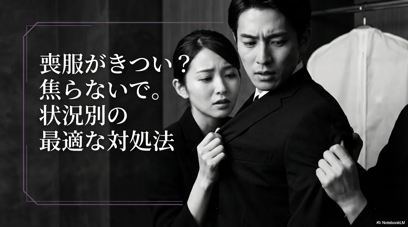 喪服がきつくて困っている男女が、急な弔事に向けた対処法を考えているイメージ画像