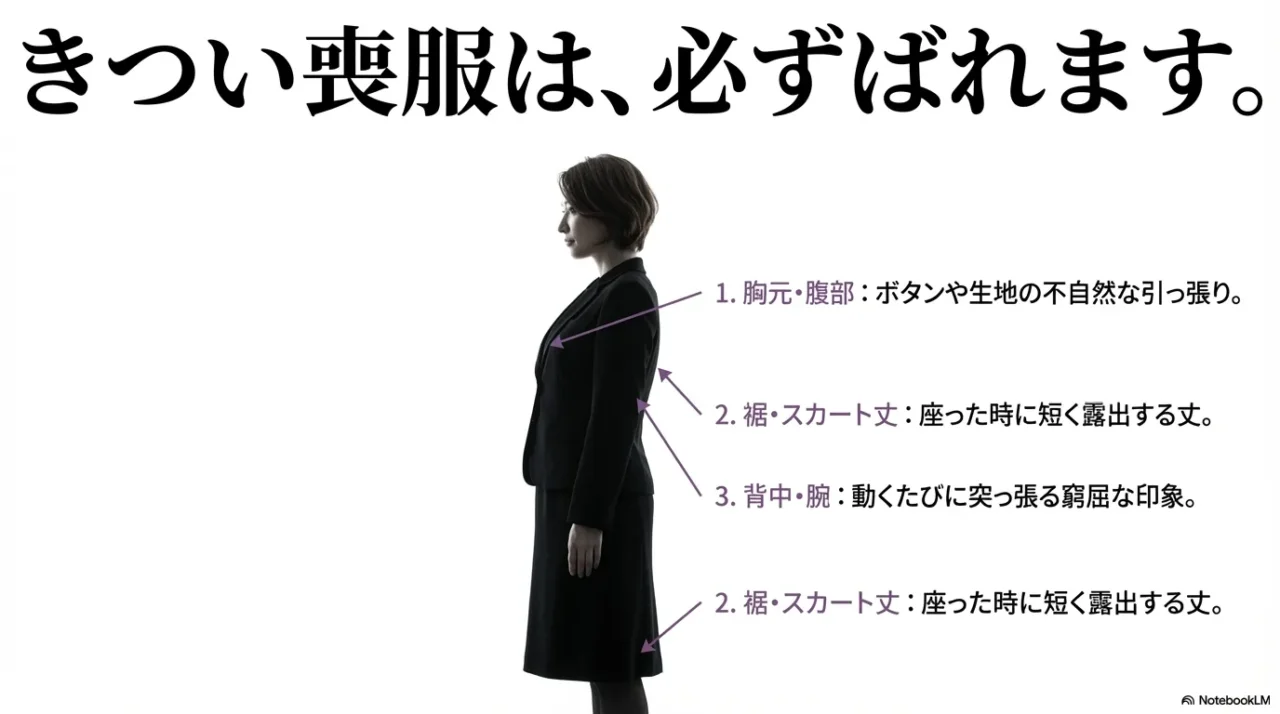 きつい喪服で違和感が出やすい胸元、裾、背中、腕のポイントを示した女性の全身画像
