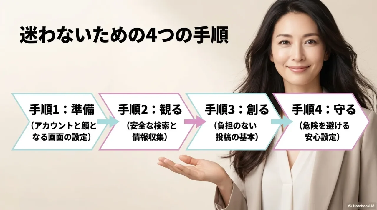 TikTok初心者が迷わないための4つの手順をまとめた全体像の画像。準備、観る、創る、守るの流れを示している