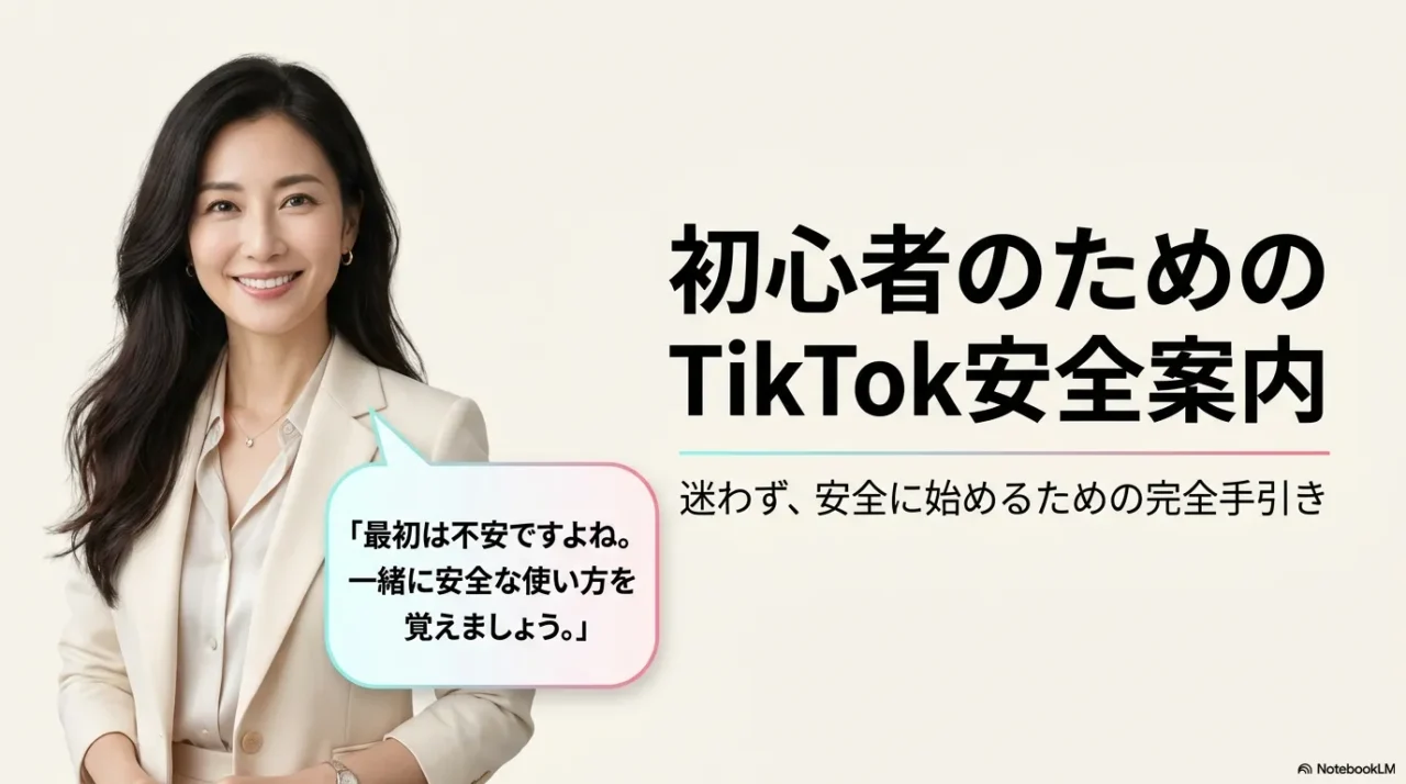 TikTok初心者向けの安全案内の導入画像。上品な女性ビジュアルとともに、安全に始めるための入門ガイドを表現している
