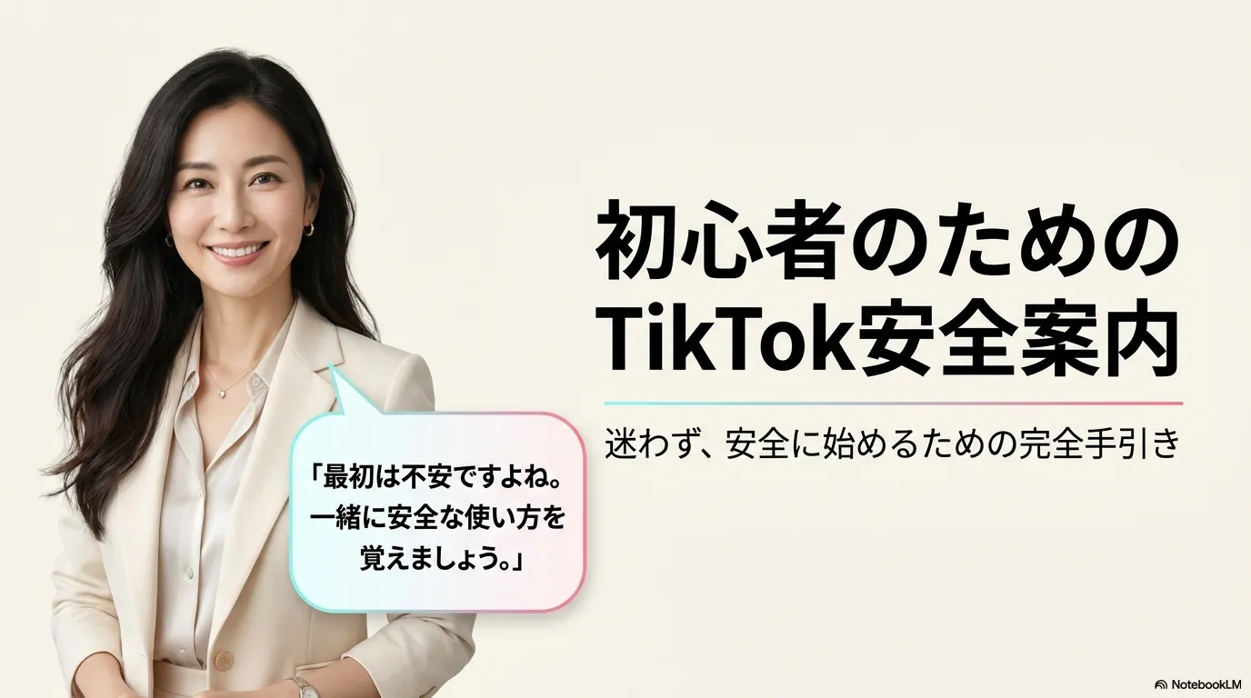 TikTok初心者向けの安全案内の導入画像。上品な女性ビジュアルとともに、安全に始めるための入門ガイドを表現している