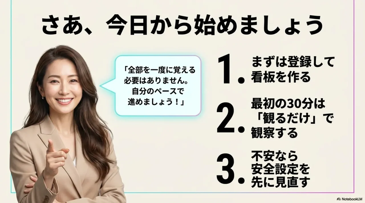 TikTok初心者が今日から始めるための3つの行動を示したまとめ画像