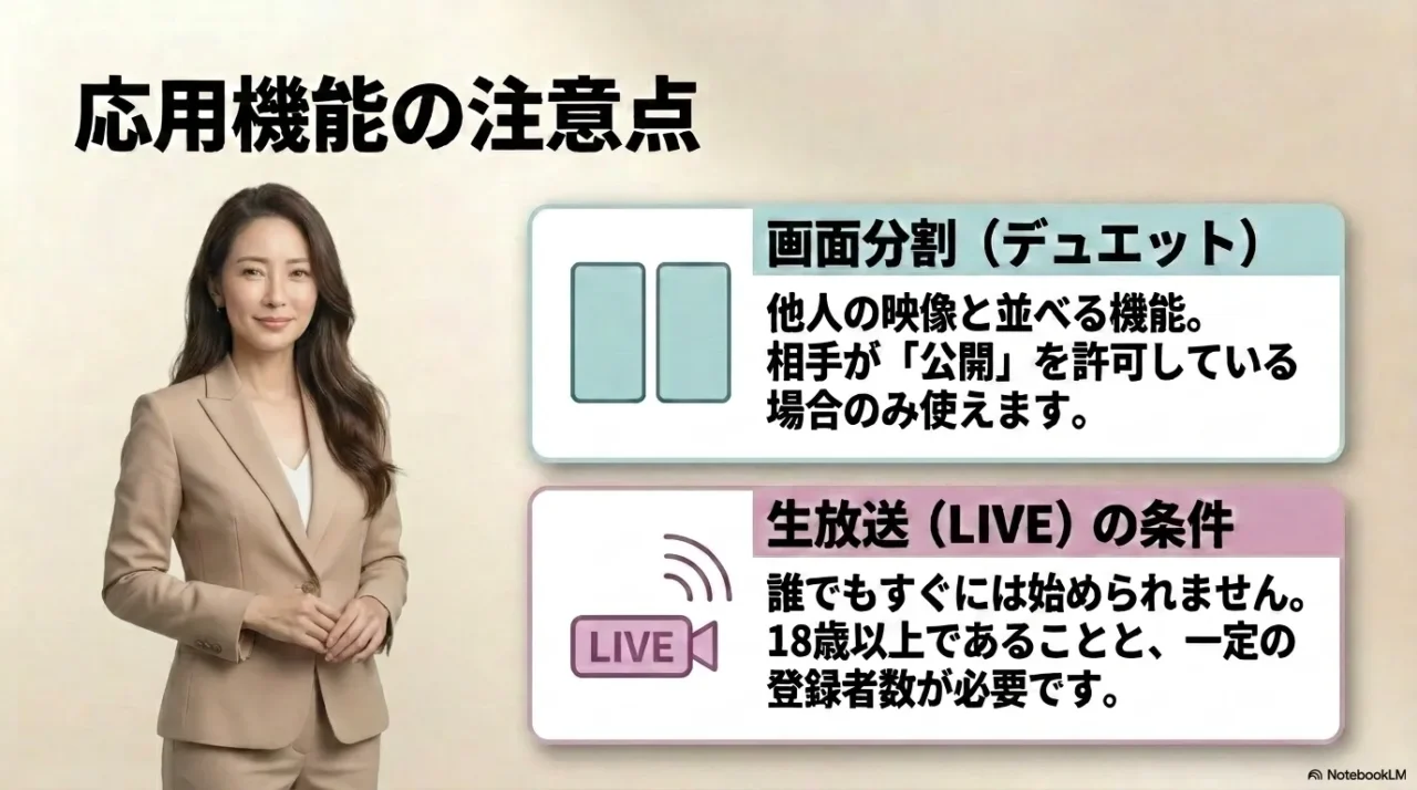 TikTokのデュエット利用時の注意点とLIVE配信の開始条件をまとめた画像