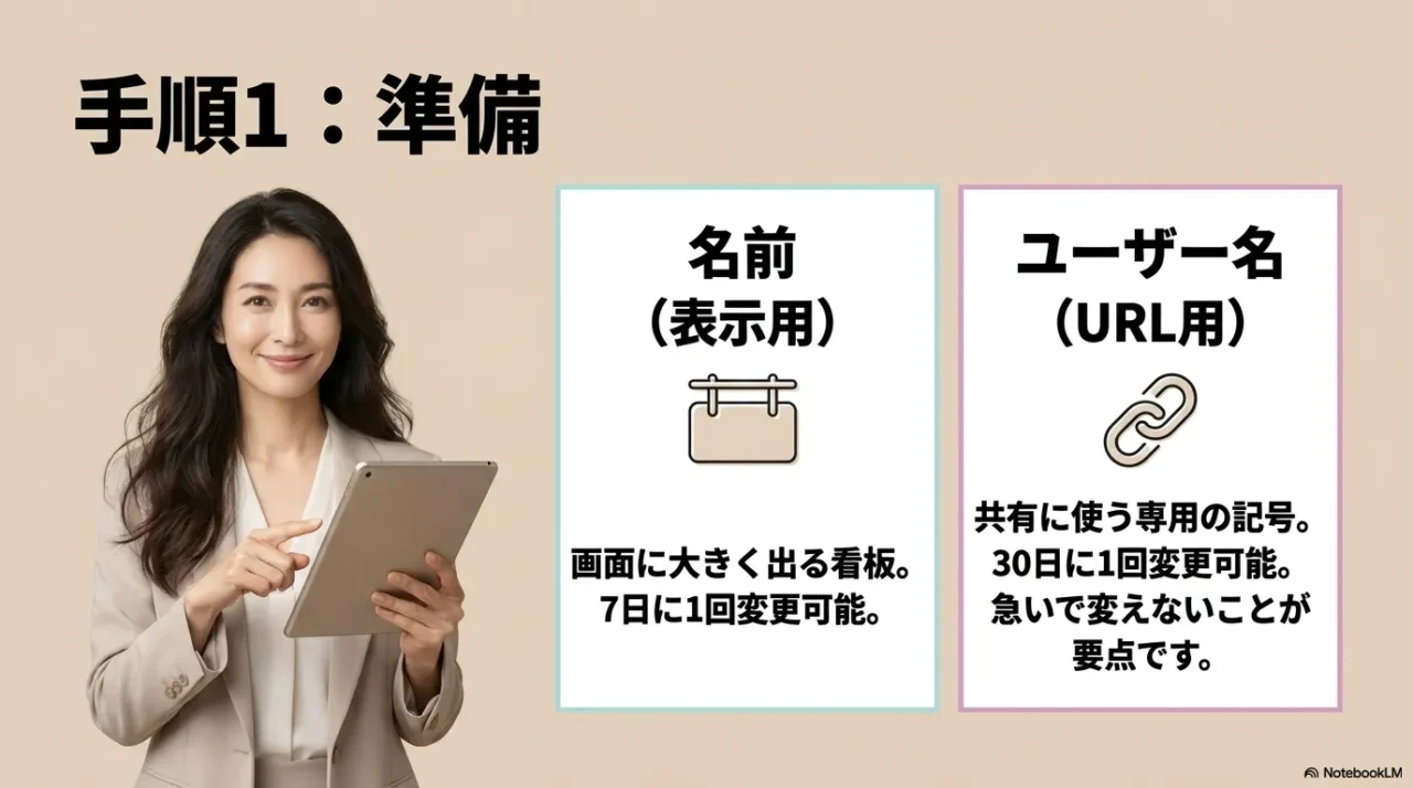 TikTokプロフィール設定で混同しやすい名前とユーザー名の違いを比較した画像