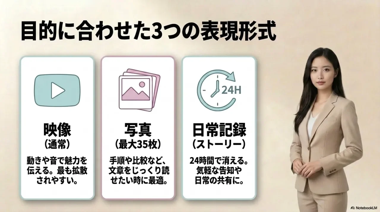 TikTokの動画、写真、ストーリーの3つの表現形式の違いと使い分けを整理した画像