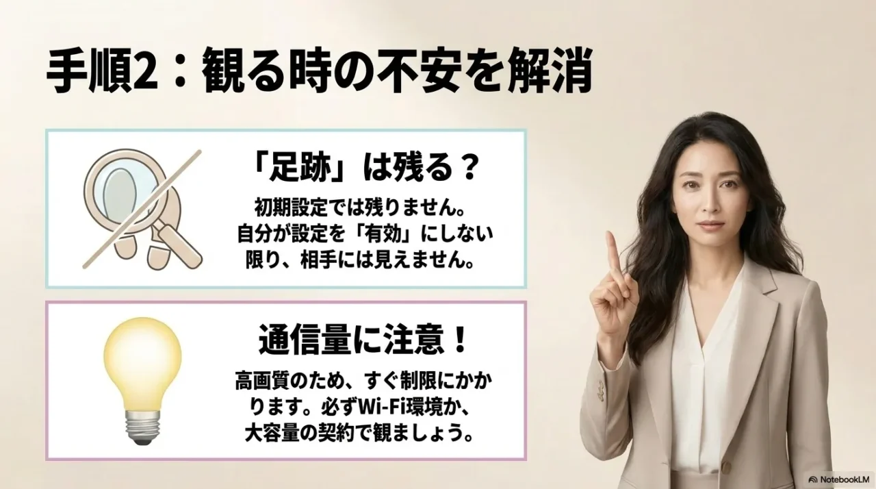 TikTokを見るときの不安として、足跡設定と通信量の注意点をまとめた画像