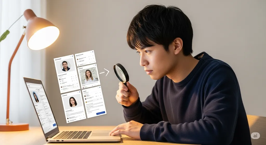 ノートパソコンと虫眼鏡を使って情報を選別する男性