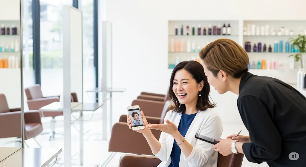 美容院でスマートフォンを見せながら美容師と話す女性。