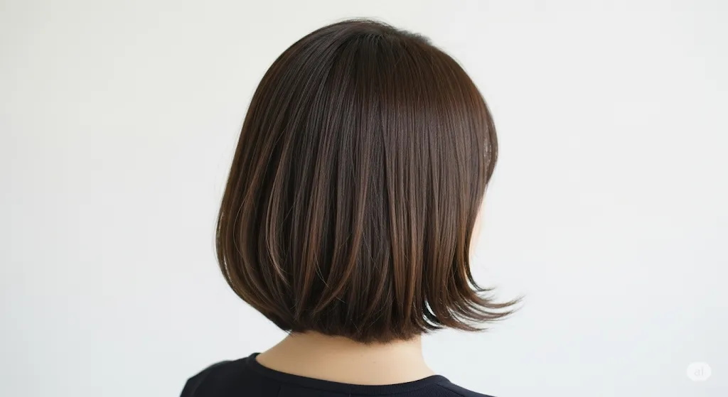 襟足が綺麗に整えられたショートボブの女性の後ろ姿。