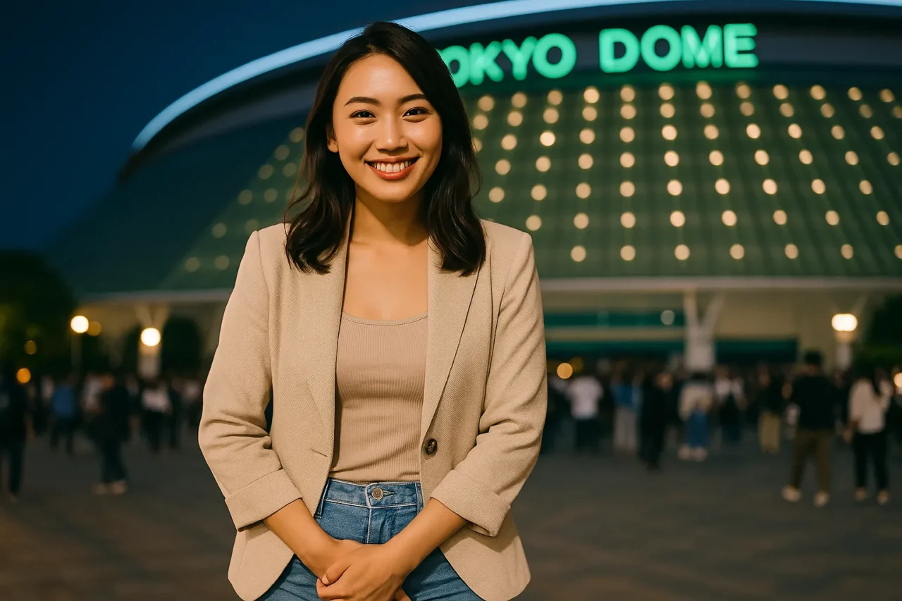 ライブ終演後の東京ドーム前で笑顔を見せる余裕ある若い女性