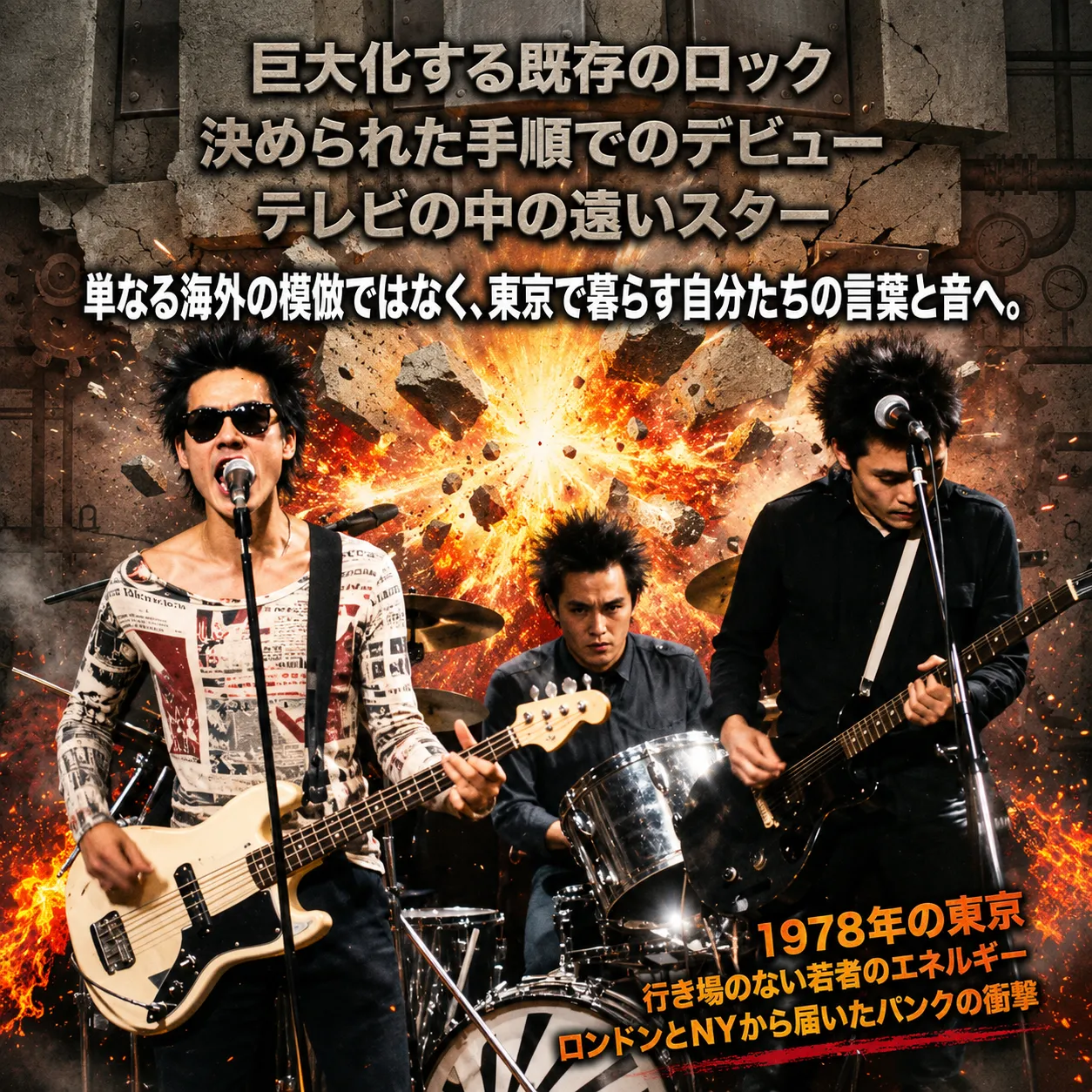 1978年の東京を舞台にしたパンクロックバンドの演奏シーン。サングラスのベーシスト、ドラマー、ギタリストの3人が爆発を背景に激しく演奏し、行き場のない若者のエネルギーとロンドンやNYから届いたパンクの衝撃を表現している。