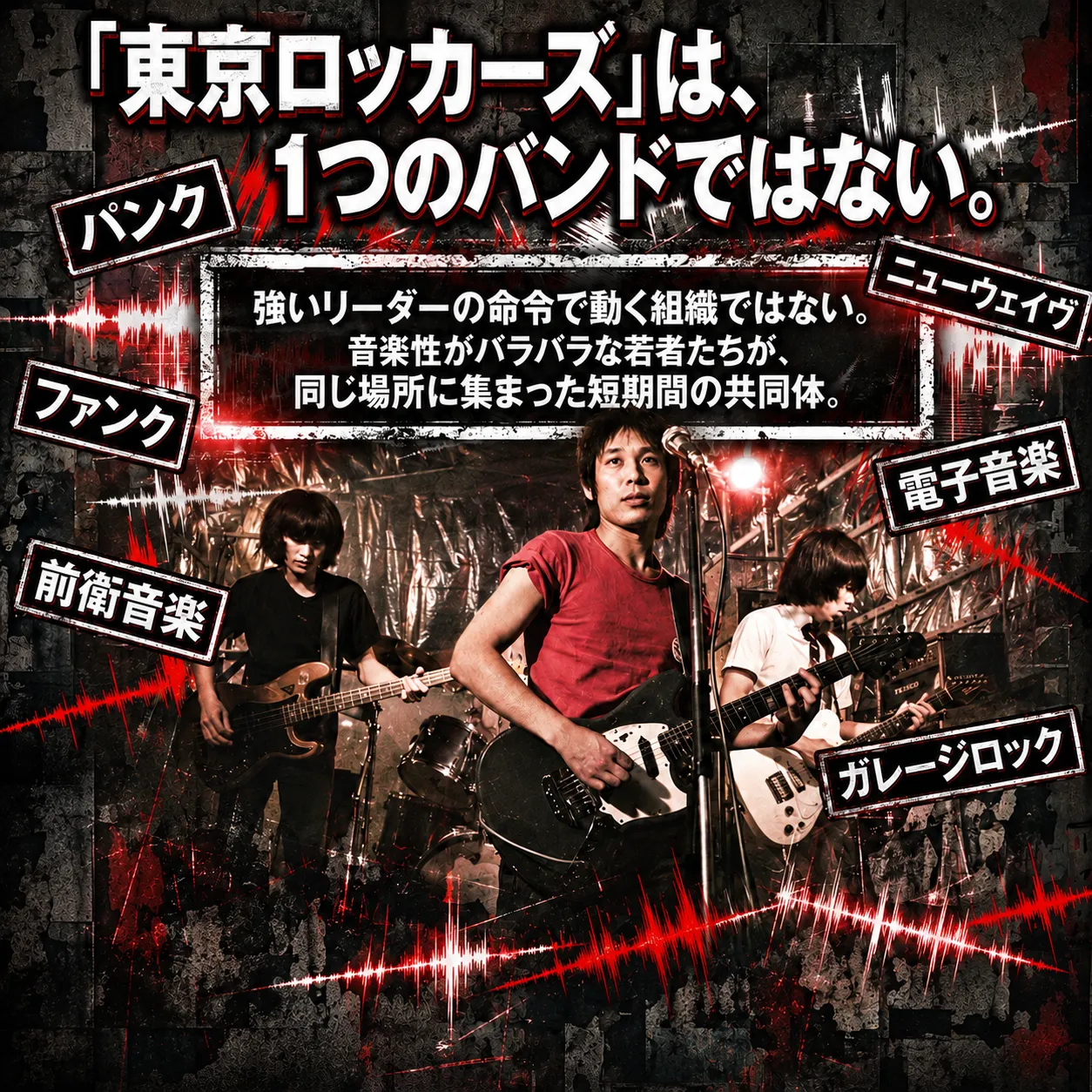 ライブで演奏するロックバンドのメンバー3人を背景に、「東京ロッカーズ」は1つのバンドではないと説明するインフォグラフィック。パンク、ニューウェイヴ、ファンク、電子音楽、前衛音楽、ガレージロックなど多様な音楽性を持つ若者の短期共同体だったことを示す。