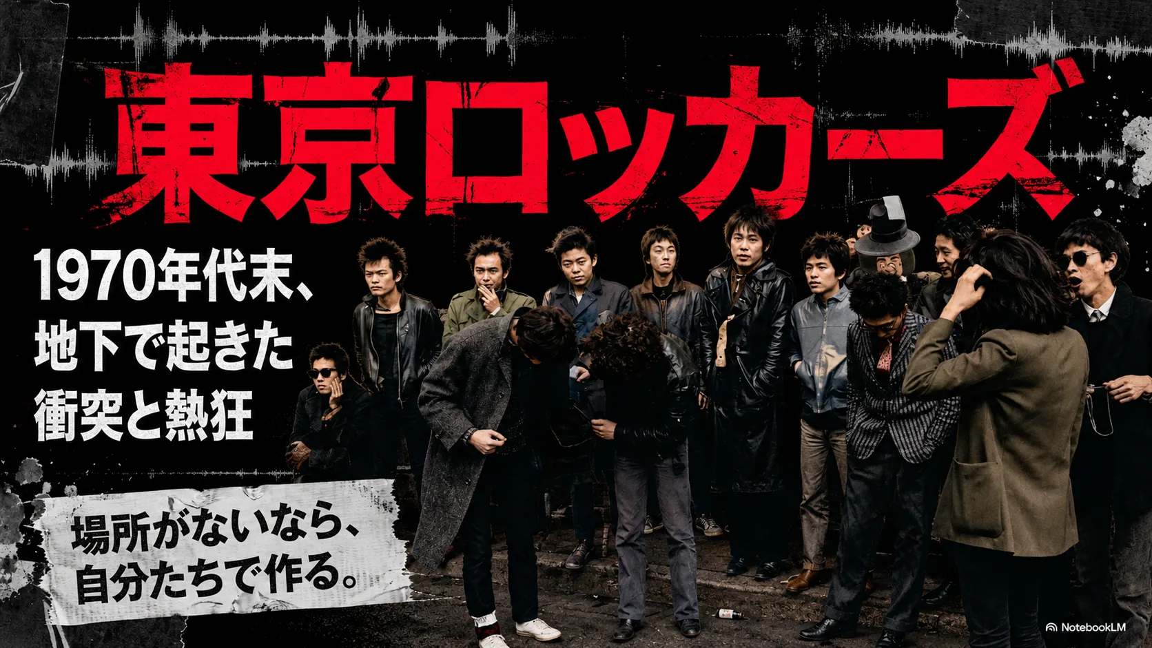 東京ロッカーズと赤い大きな文字が書かれたポスター。1970年代末、地下で起きた衝突と熱狂、場所がないなら自分たちで作る、というキャッチコピーと、革ジャンなどを着た若い男性たちが並ぶモノクロ風の写真。