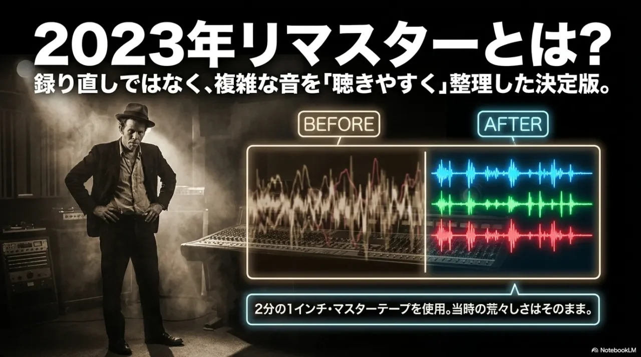 2023年リマスターの解説画像。録音スタジオで帽子を被った男性ミュージシャンの横に、BEFORE(茶色の乱れた波形)とAFTER(青・緑・赤の整理された波形)を比較表示。2分の1インチ・マスターテープ使用の説明付き。