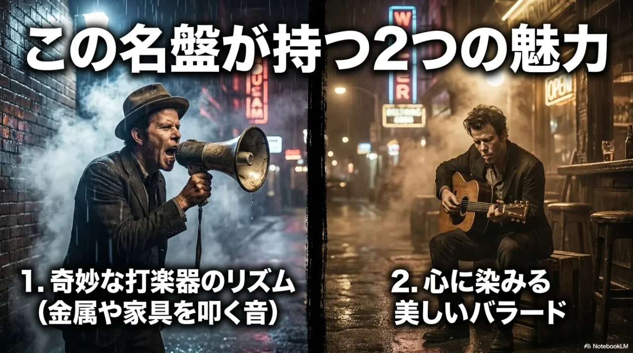 雨の夜の街を背景に、左側で帽子をかぶった男性がメガホンに向かって叫び、右側で同じ男性がギターを弾く2分割画像。「この名盤が持つ2つの魅力」として奇妙な打楽器のリズムと心に染みる美しいバラードを紹介。