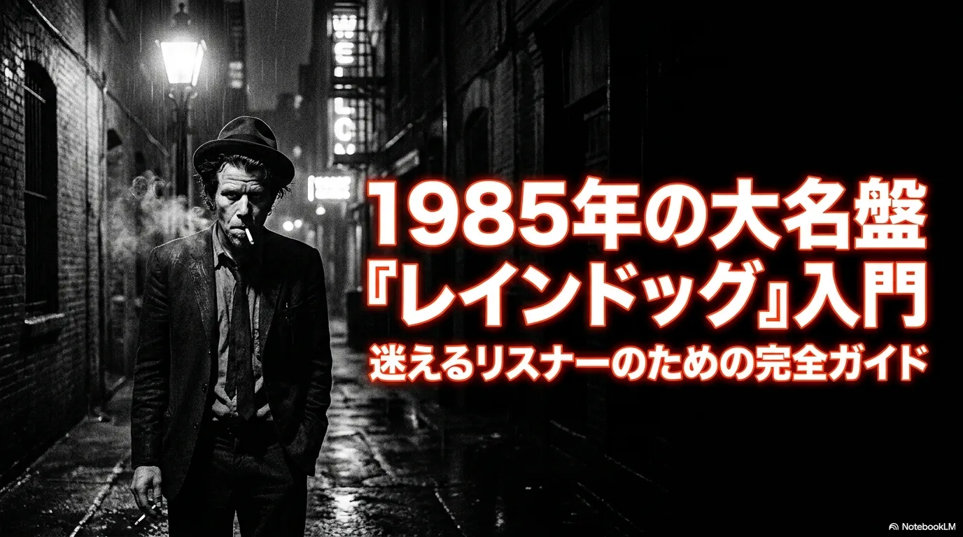 雨に濡れた夜の路地裏で帽子を被りタバコを吸う男性のモノクロ写真。1985年の大名盤『レインドッグ』入門、迷えるリスナーのための完全ガイドという日本語テキストが赤と白で表示されている。