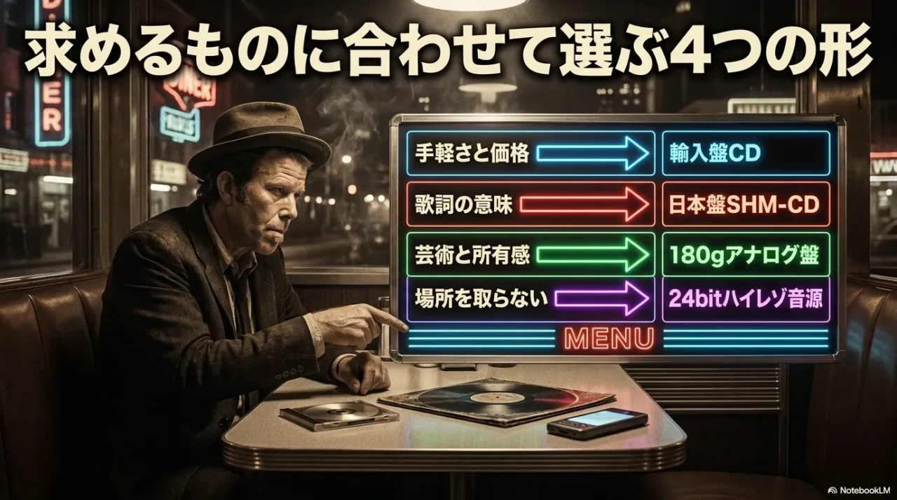 薄暗いダイナーで帽子を被った男性がメニュー画面を指差すインフォグラフィック。求めるものに合わせて選ぶ4つの形として、手軽さと価格は輸入盤CD、歌詞の意味は日本盤SHM-CD、芸術と所有感は180gアナログ盤、場所を取らないは24bitハイレゾ音源を提示。