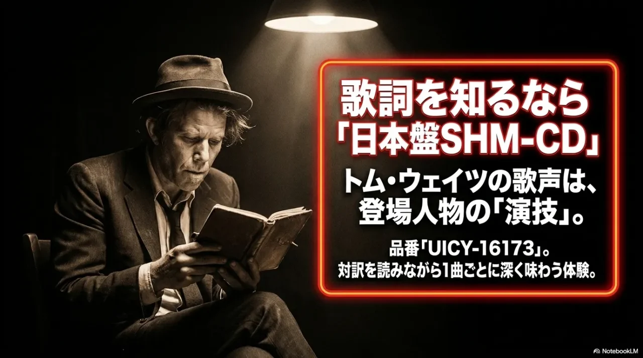 帽子をかぶった男性が薄暗い照明の下で本を読む様子。トム・ウェイツの歌声は登場人物の演技であると紹介し、歌詞を知るなら対訳付き日本盤SHM-CD(品番UICY-16173)を勧める広告画像。