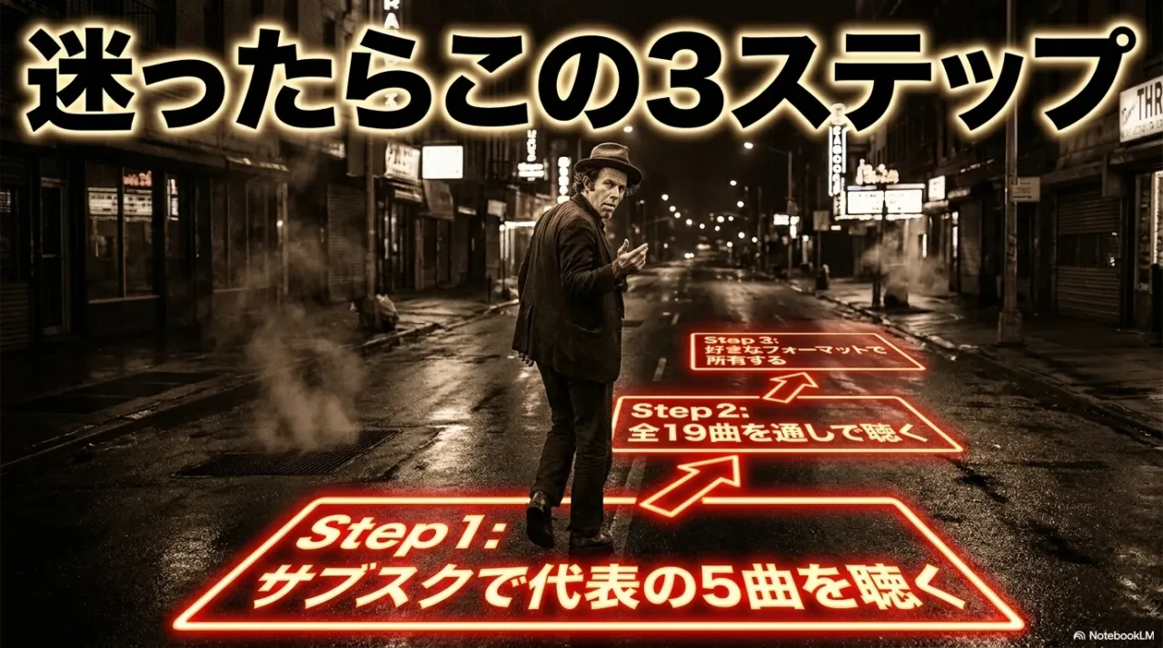 夜の街路に立つ帽子を被った男性の背景に、迷ったらこの3ステップと題したガイド。Step1サブスクで代表の5曲を聴く、Step2全19曲を通しで聴く、Step3好きなフォーマットで所有するを矢印で示すインフォグラフィック。