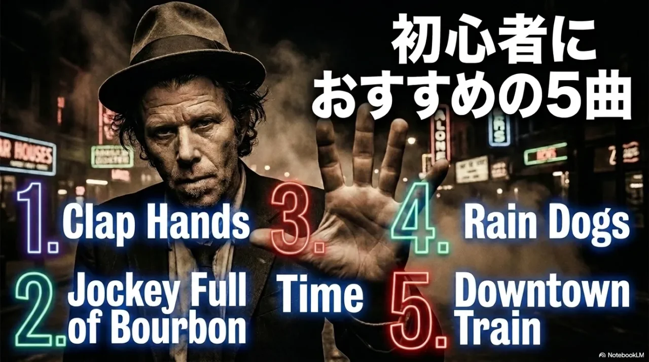 トム・ウェイツ風の帽子を被った男性が手のひらを前に出すネオン街の夜景背景に「初心者がおぎにおすすめの5曲」として、Clap Hands、Jockey Full of Bourbon、Rain Dogs、Downtown Trainを紹介する画像